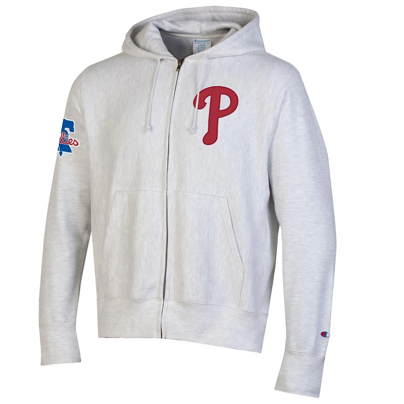 Sweat à capuche zippé Champion gris Philadelphia Phillies pour homme, en chenille tissée inversée.