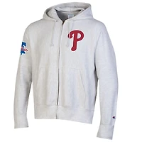 Sweat à capuche zippé Champion gris Philadelphia Phillies pour homme, en chenille tissée inversée.