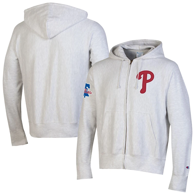 Men's Champion Gray Philadelphia Phillies Reverse Weave Chenille Full-Zip Hoodie