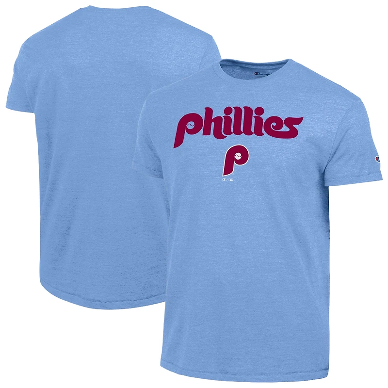 Men's Champion  Light Blue Philadelphia Phillies Cooperstown Wordmark Lockup Tri-Blend T-Shirt