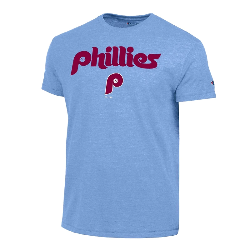 Men's Champion  Light Blue Philadelphia Phillies Cooperstown Wordmark Lockup Tri-Blend T-Shirt