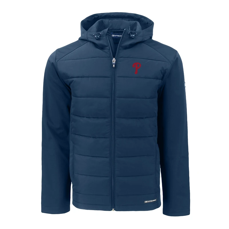 Sweat à capuche zippé hybride en softshell recyclé pour homme, bleu marine, des Philadelphia Phillies, Cutter & Buck
