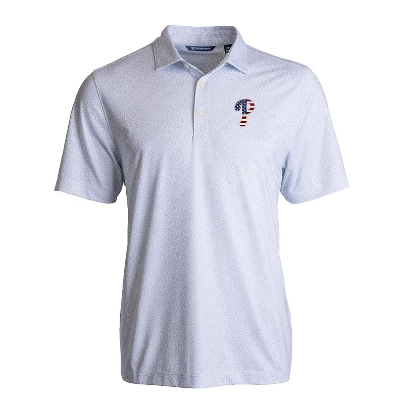 Polo extensible recyclé à imprimé galets écologiques Pike pour homme, blanc, Cutter & Buck, motif étoiles et rayures des Philadelphia Phillies