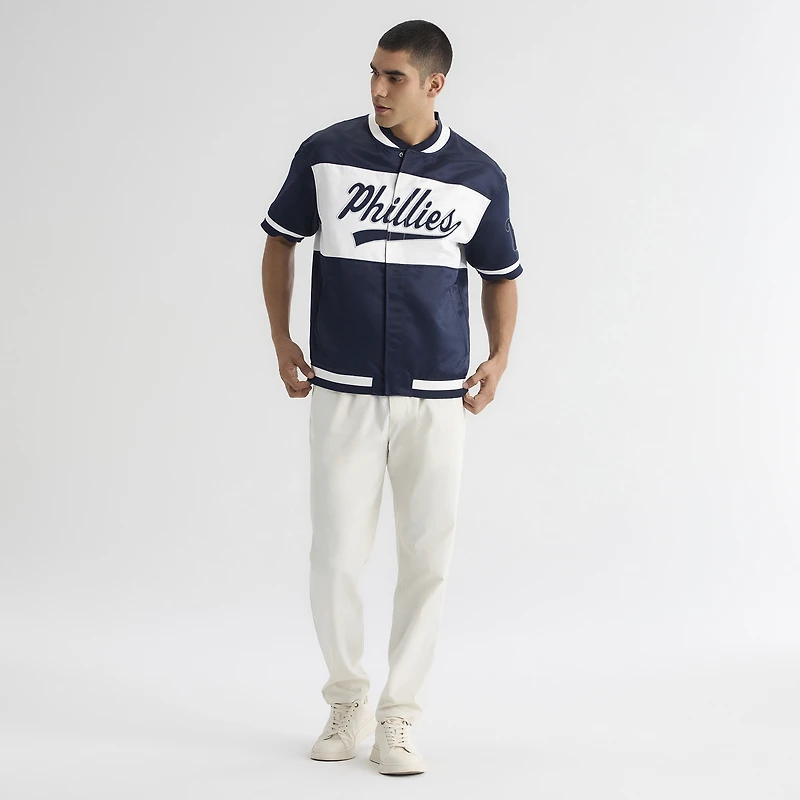 Men's Fanatics Athletic Navy Philadelphia Phillies Iconic Full-Snap Short Sleeve Satin Warm-Up