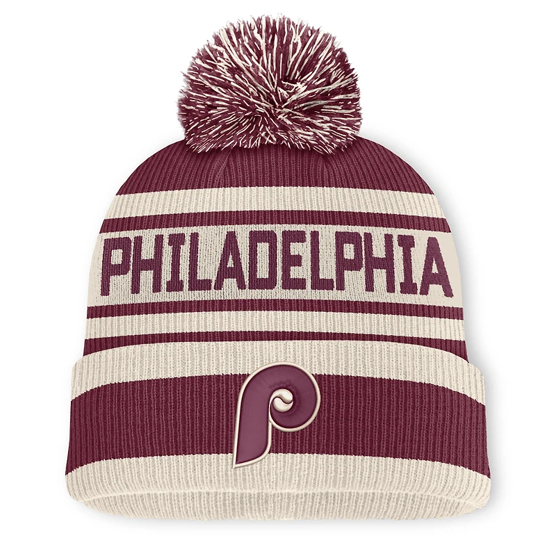 Bonnet à revers en maille avec pompon, couleur bordeaux, des Philadelphia Phillies, de la marque Fanatics.
