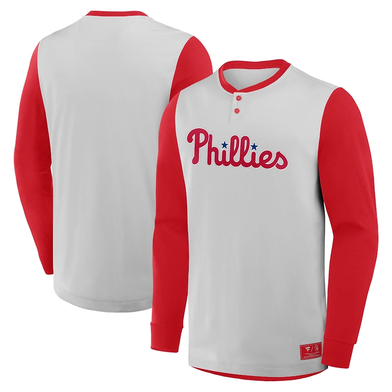 T-shirt Henley à manches longues Fanatics gris/rouge pour homme des Philadelphia Phillies Clubhouse