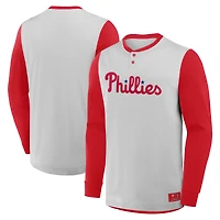 T-shirt Henley à manches longues Fanatics gris/rouge pour homme des Philadelphia Phillies Clubhouse