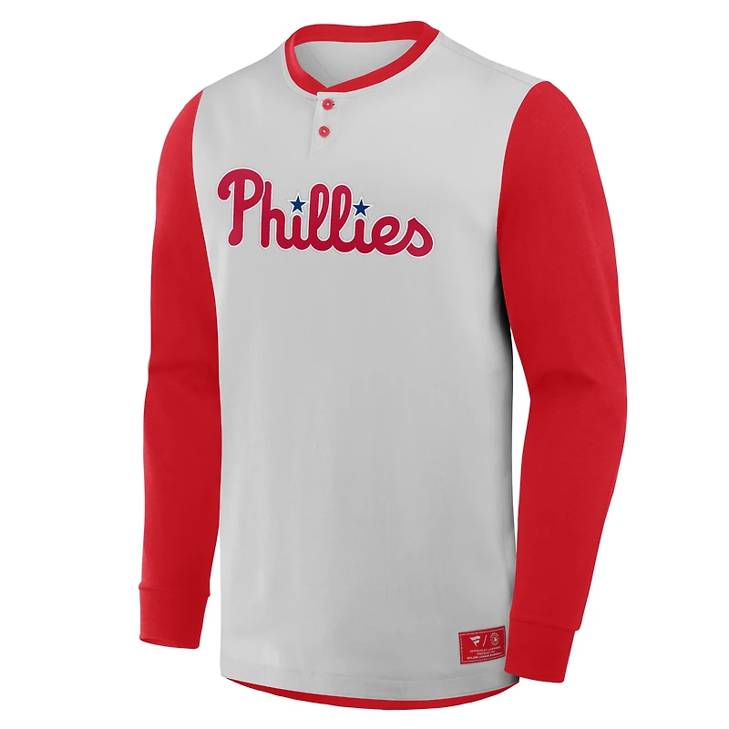 T-shirt Henley à manches longues Fanatics gris/rouge pour homme des Philadelphia Phillies Clubhouse