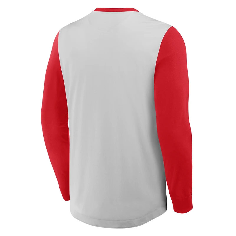 T-shirt Henley à manches longues Fanatics gris/rouge pour homme des Philadelphia Phillies Clubhouse