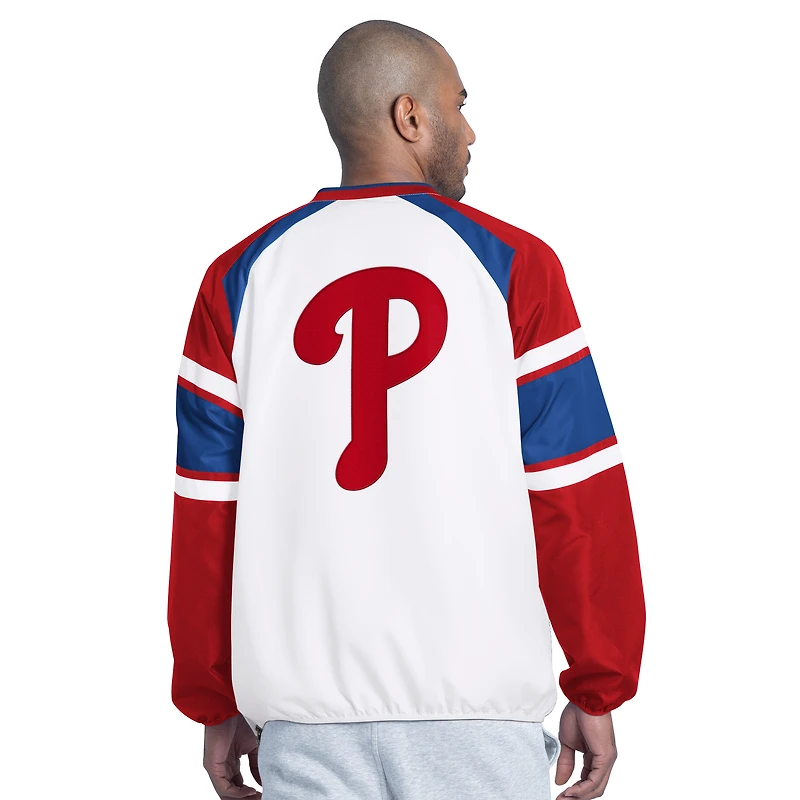Pull raglan à col en V blanc et rouge G-III Sports by Carl Banks pour homme, inspiré des Phillies de Philadelphie.