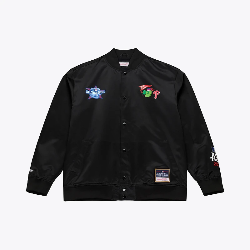 Veste Mitchell & Ness noire pour homme, modèle Phanatic en satin, édition spéciale Philadelphia Phillies, match des étoiles de la MLB 2026.