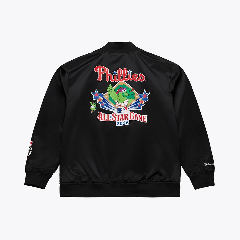 Veste Mitchell & Ness noire pour homme, modèle Phanatic en satin, édition spéciale Philadelphia Phillies, match des étoiles de la MLB 2026.