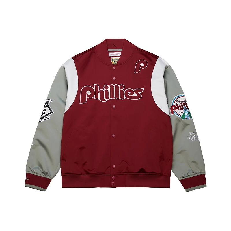 Men's Mitchell & Ness Burgundy/Gray Philadelphia Phillies Cooperstown Collection Team Origins Satin Full-Snap Jacket