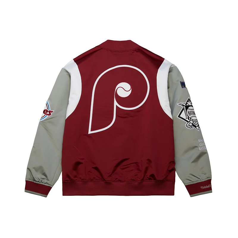Men's Mitchell & Ness Burgundy/Gray Philadelphia Phillies Cooperstown Collection Team Origins Satin Full-Snap Jacket