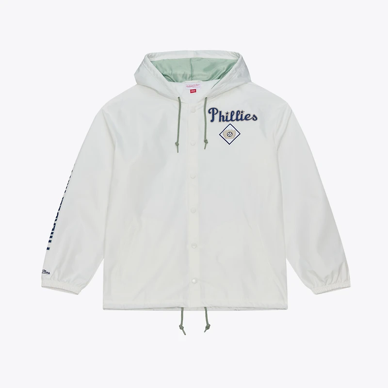 Men's Mitchell & Ness White Philadelphia Phillies Yacht Rock Coaches Full-Snap Hooded Windbreaker Jacket