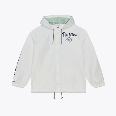 Men's Mitchell & Ness White Philadelphia Phillies Yacht Rock Coaches Full-Snap Hooded Windbreaker Jacket