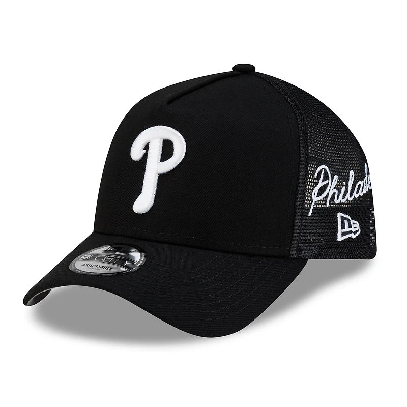 Casquette trucker ajustable New Era noire Philadelphia Phillies 9FORTY à logo latéral et inscription latérale