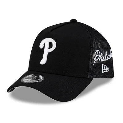 Casquette trucker ajustable New Era noire Philadelphia Phillies 9FORTY à logo latéral et inscription latérale
