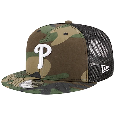 Men's New Era Camo Philadelphia Phillies Woodland Camo Trucker 9FIFTY Snapback Hat