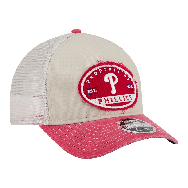 Men's New Era  Light Beige/Red Philadelphia Phillies Frayed M-Crown A-Frame 9FORTY Trucker Adjustable Hat