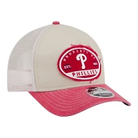 Men's New Era  Light Beige/Red Philadelphia Phillies Frayed M-Crown A-Frame 9FORTY Trucker Adjustable Hat