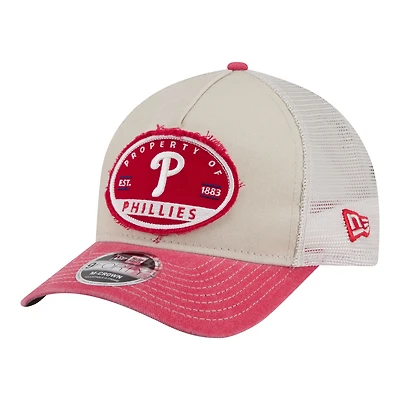 Men's New Era Light Beige/Red Philadelphia Phillies Frayed M-Crown A-Frame 9FORTY Trucker Adjustable Hat