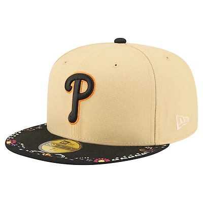Men's New Era Light Beige Philadelphia Phillies Two-Tone Embroidered Visor 59FIFTY Fitted Hat