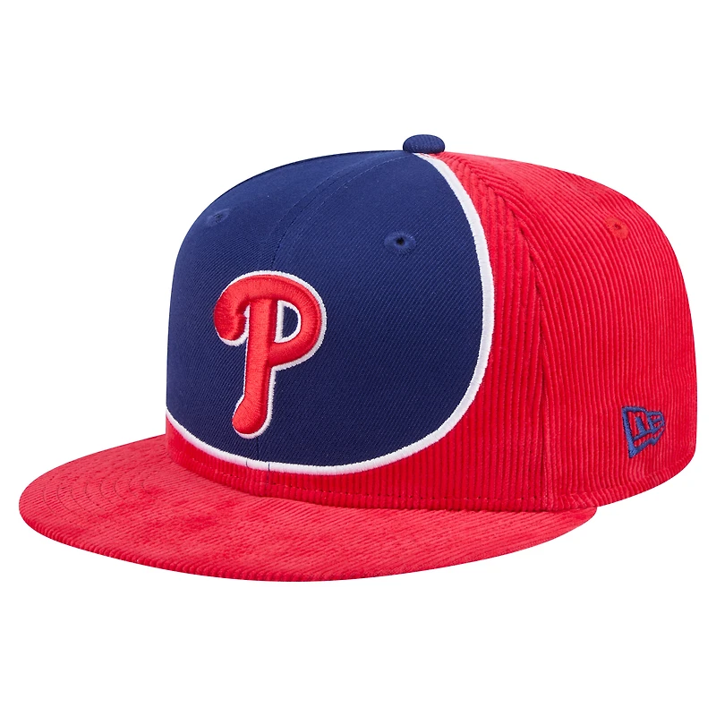Casquette snapback rétro en velours côtelé rouge/bleu marine New Era pour homme des Philadelphia Phillies