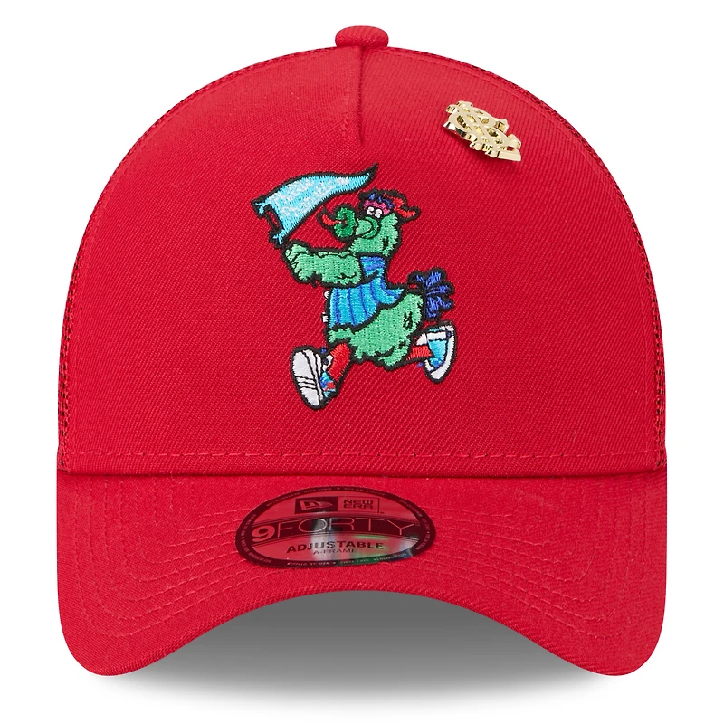 Men's New Era Red Philadelphia Phillies 2025 Big League Chew A-Frame 9FORTY Adjustable Trucker Hat