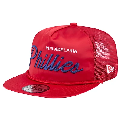 Casquette de golf ajustable rétro en satin rouge des Philadelphia Phillies pour homme de New Era