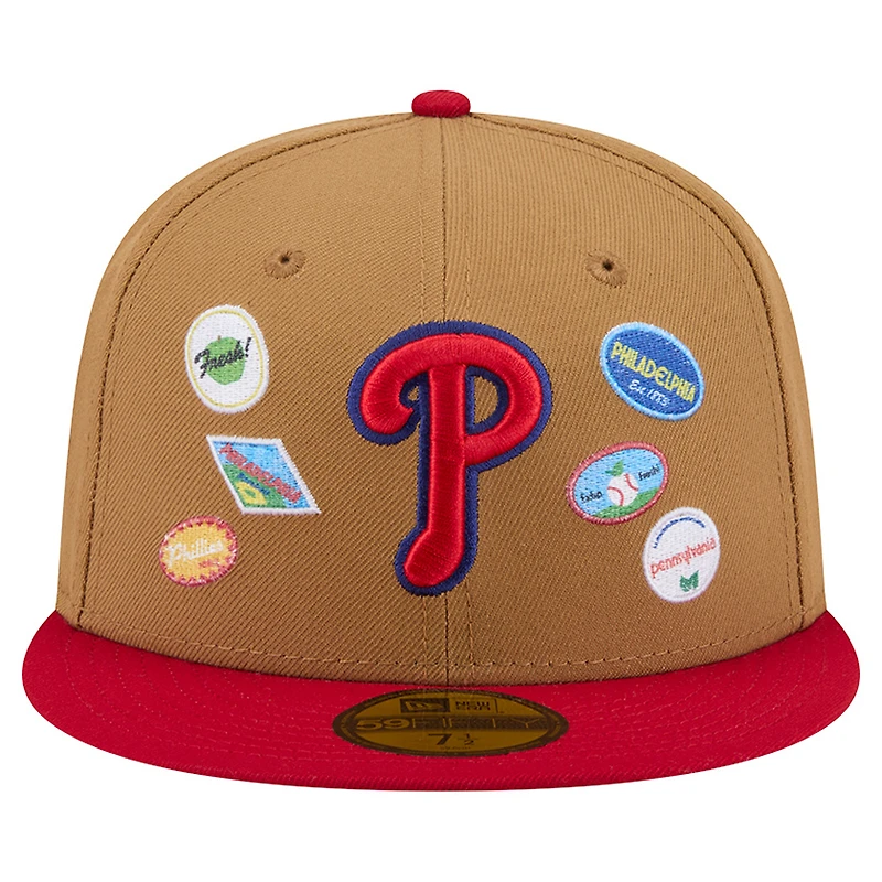 Men's New Era Tan Philadelphia Phillies Fruit Sticker 59FIFTY Fitted Hat