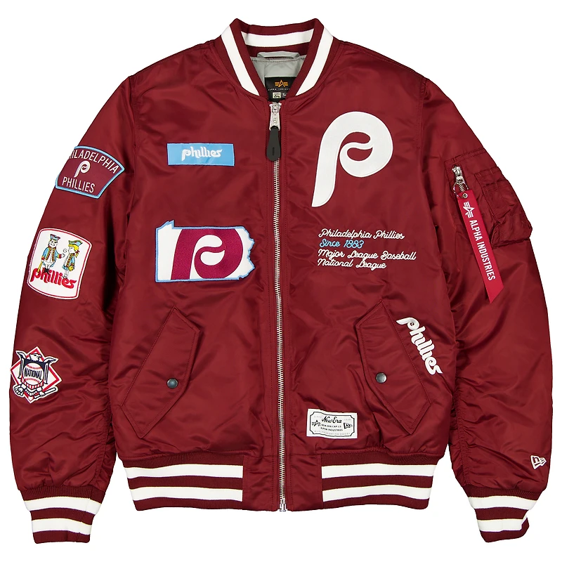 Blouson aviateur entièrement zippé New Era x Alpha Industries bordeaux pour homme des Philadelphia Phillies