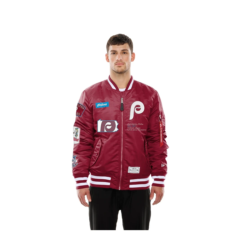 Blouson aviateur rétro entièrement zippé MA-1 des Philadelphia Phillies de New Era x Alpha Industries pour homme, rouge