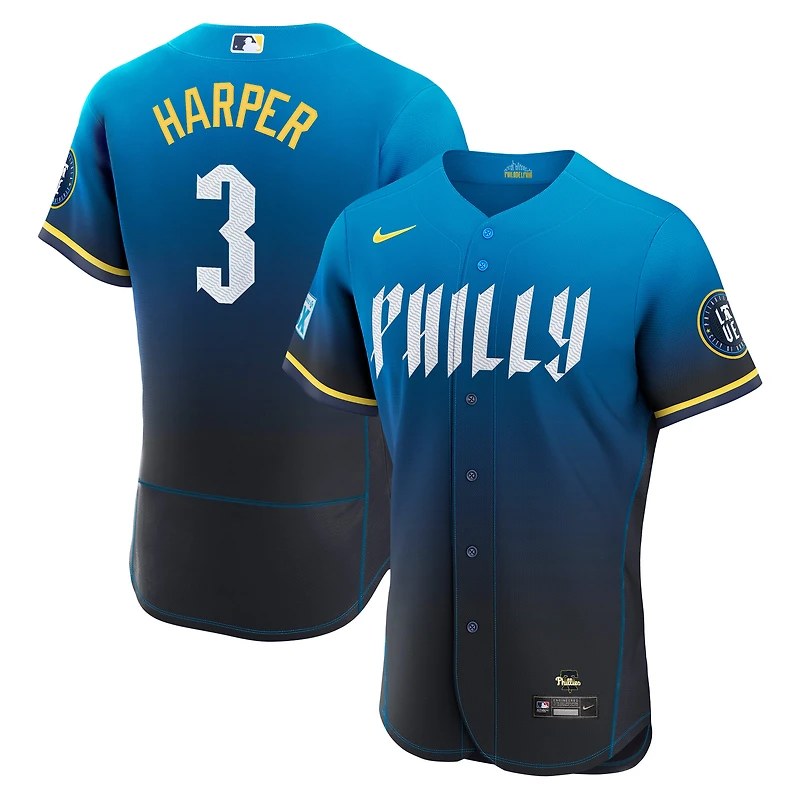 Men's Nike Blue Bryce Harper Philadelphia Phillies City Connect Authentic Sponsor Patch Jersey