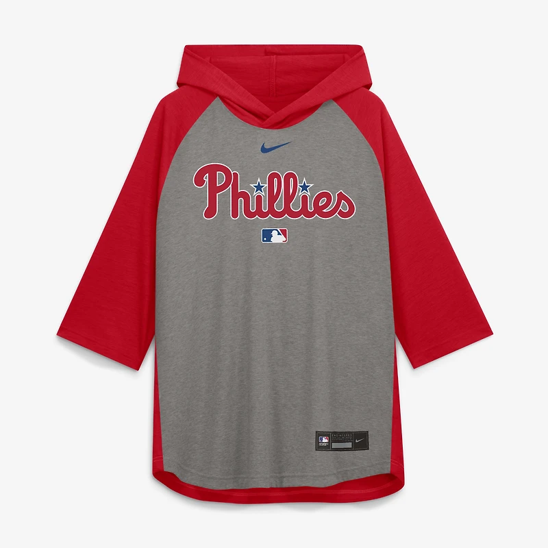 T-shirt à capuche Nike Authentic Collection Flux Dri-FIT gris pour homme, manches raglan 3/4, Philadelphia Phillies.