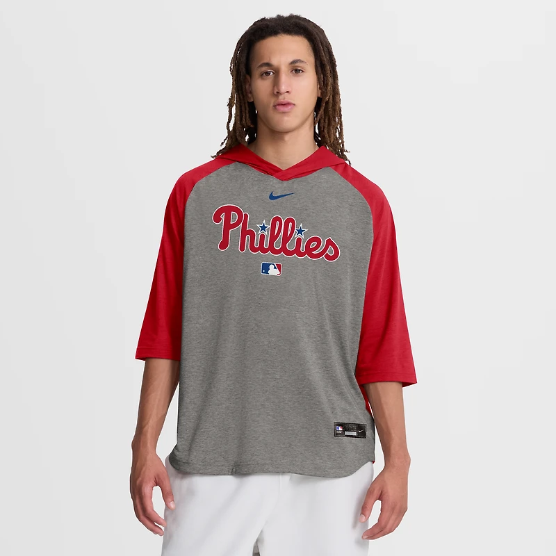T-shirt à capuche Nike Authentic Collection Flux Dri-FIT gris pour homme, manches raglan 3/4, Philadelphia Phillies.