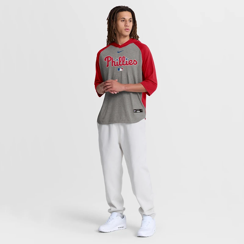 T-shirt à capuche Nike Authentic Collection Flux Dri-FIT gris pour homme, manches raglan 3/4, Philadelphia Phillies.
