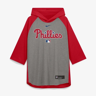 T-shirt à capuche Nike Authentic Collection Flux Dri-FIT gris pour homme, manches raglan 3/4, Philadelphia Phillies.