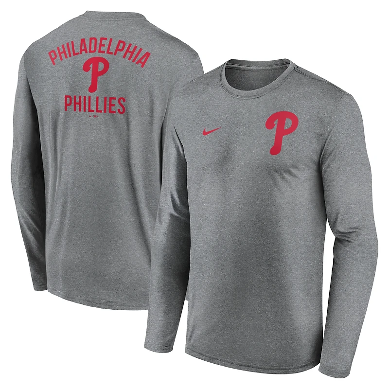 Men's Nike Heather Charcoal Philadelphia Phillies 2-Hit Legend Dri-FIT Long Sleeve T-Shirt