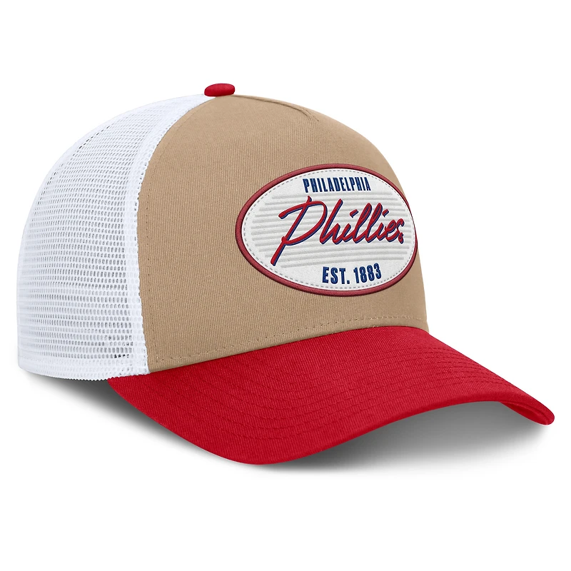 Casquette trucker ajustable Nike Philadelphia Phillies Rise A-Frame kaki/rouge pour homme