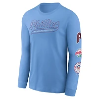 T-shirt à manches longues Nike bleu clair pour homme, collection Cooperstown Knockout des Philadelphia Phillies