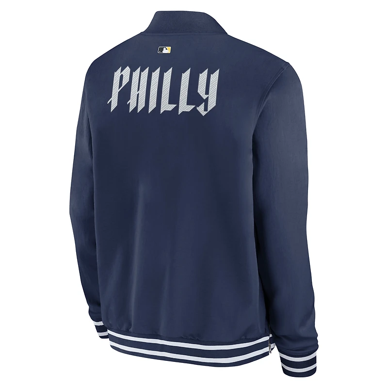 Veste aviateur Nike bleu marine Philadelphia Phillies Authentic Collection City Connect entièrement zippée pour homme