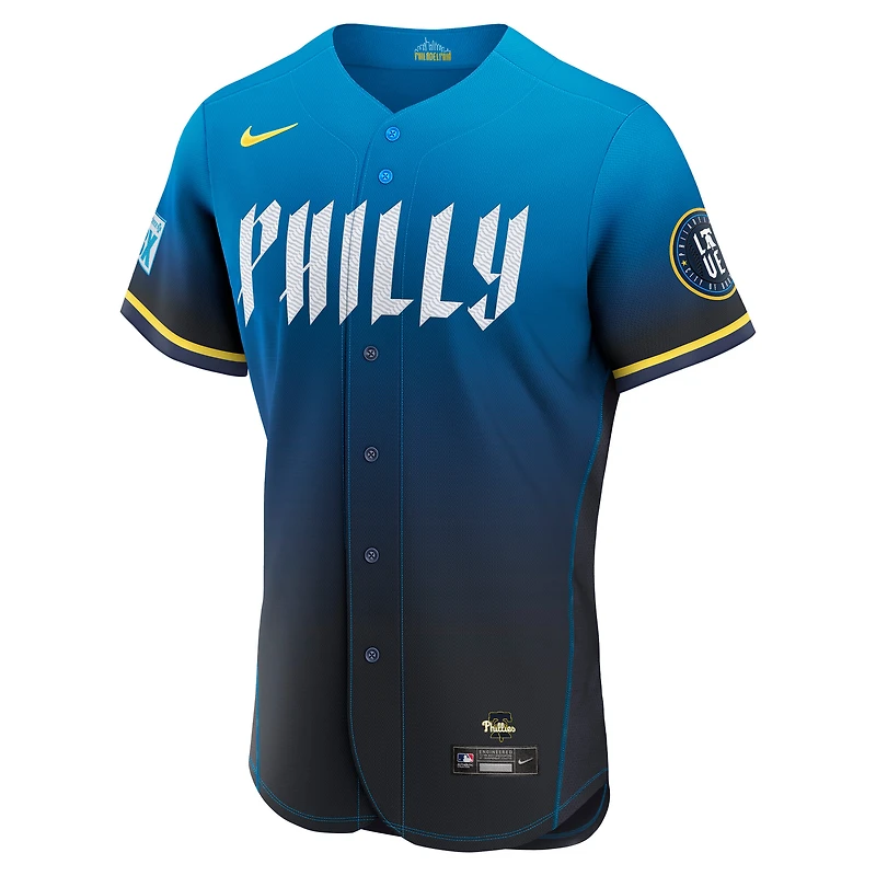 Maillot authentique Nike City Connect pour homme, bleu marine, Trea Turner, Philadelphia Phillies, avec patch de sponsor.