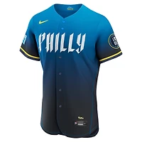 Maillot authentique Nike City Connect pour homme, bleu marine, Trea Turner, Philadelphia Phillies, avec patch de sponsor.