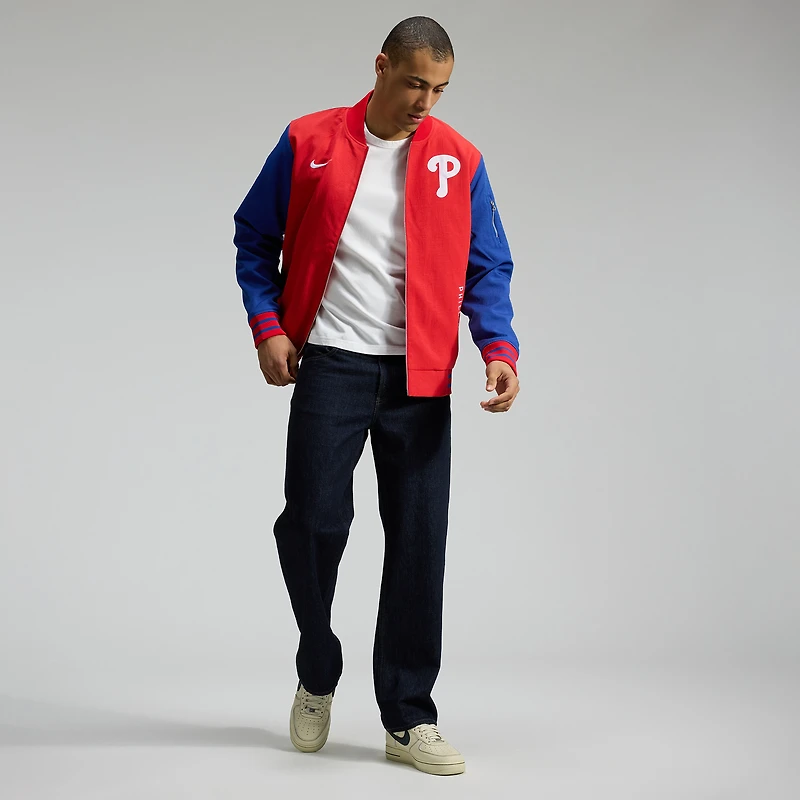 Veste aviateur Nike rouge/bleu royal pour homme, collection authentique des Philadelphia Phillies, coupe décontractée entièrement zippée.