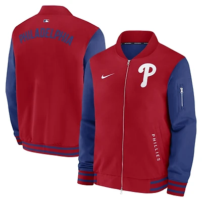 Veste aviateur Nike rouge/bleu royal pour homme, collection authentique des Philadelphia Phillies, coupe décontractée entièrement zippée.