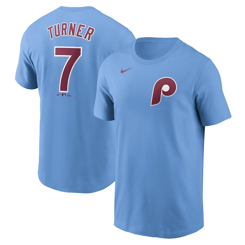 T-shirt Nike Trea Turner bleu clair pour homme avec nom et numéro Fuse des Philadelphia Phillies