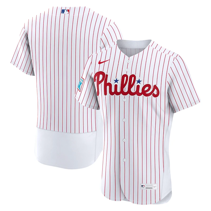 Maillot authentique Nike blanc domicile des Phillies de Philadelphie avec écusson du sponsor pour homme