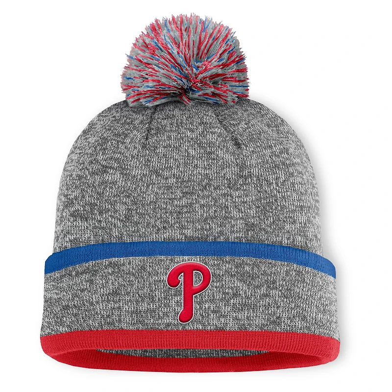 Bonnet en tricot à revers et pompon Fanatics pour homme, gris chiné, des Philadelphia Phillies