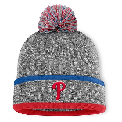 Bonnet en tricot à revers et pompon Fanatics pour homme, gris chiné, des Philadelphia Phillies